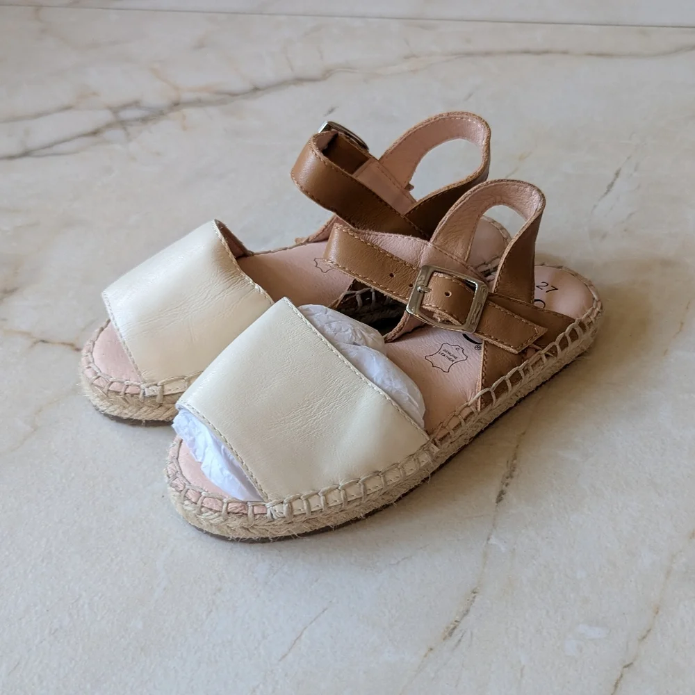 Skipp | Kids Neutral Leather Espadrille Sandals - Cream & Tan